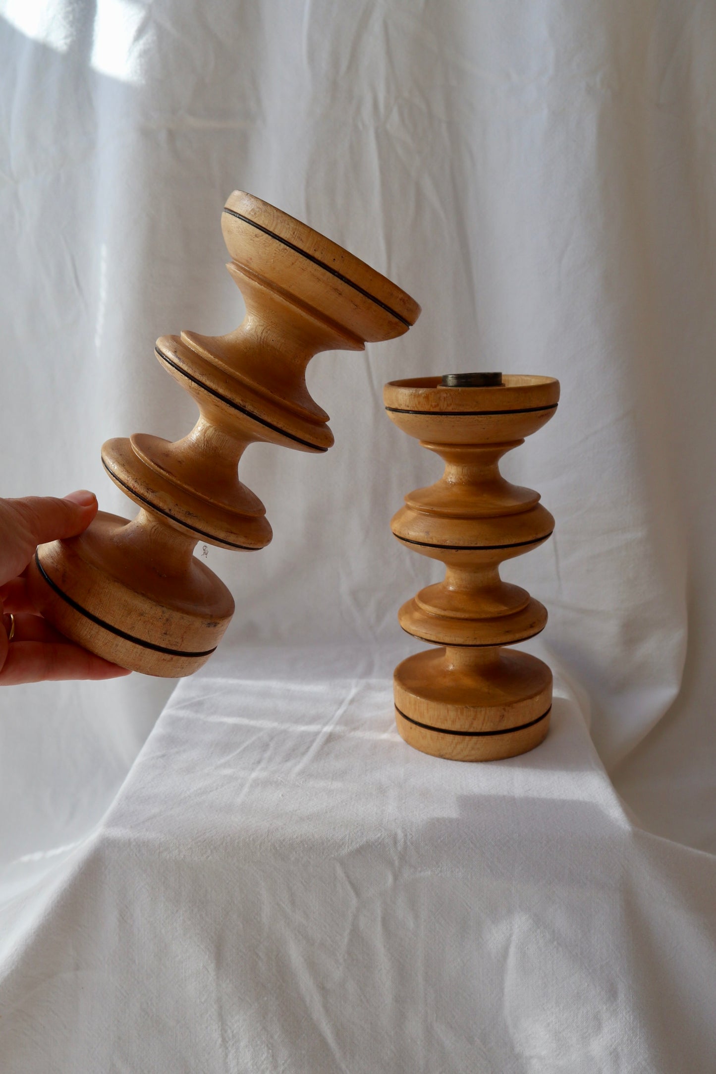 Handmade vintage bobbin spool candlesticks