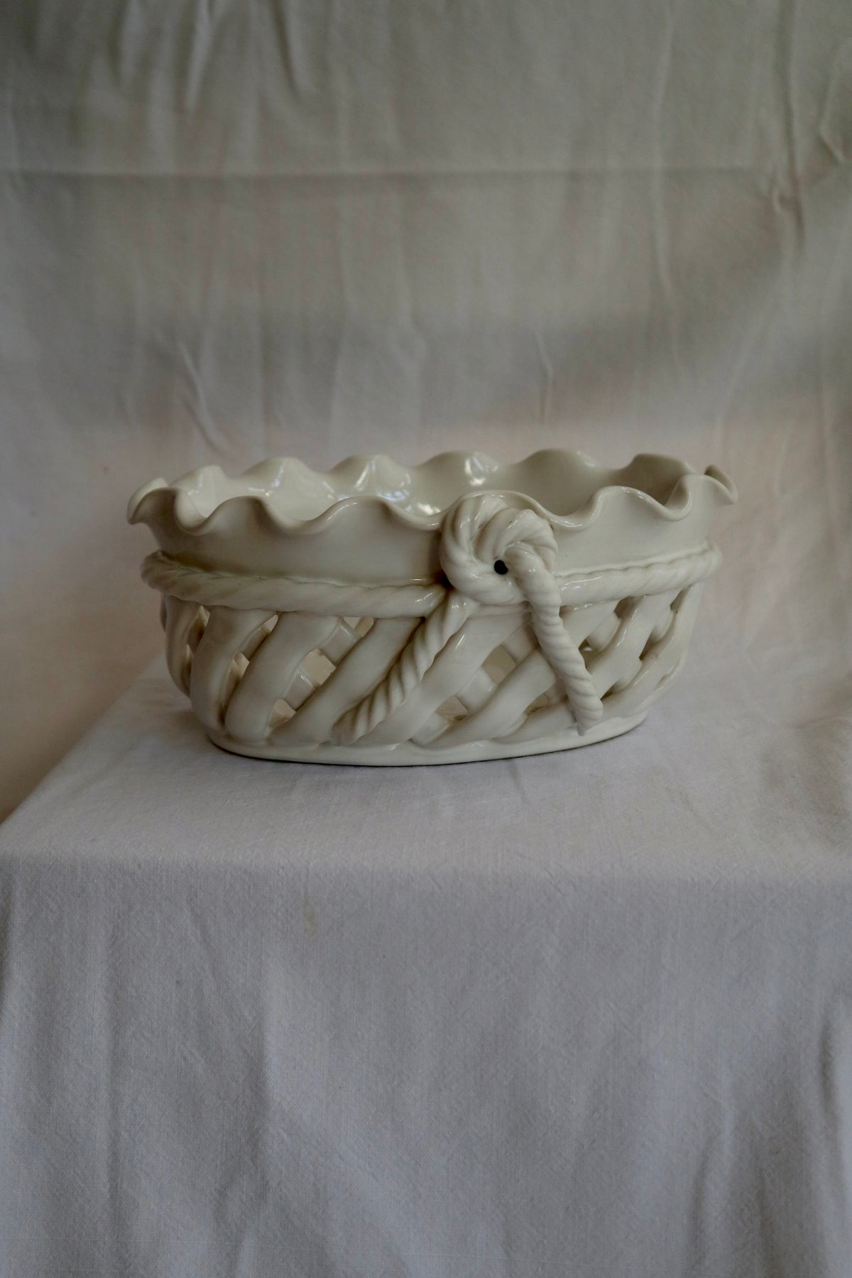 Vintage ceramic woven dish with scalloped rim