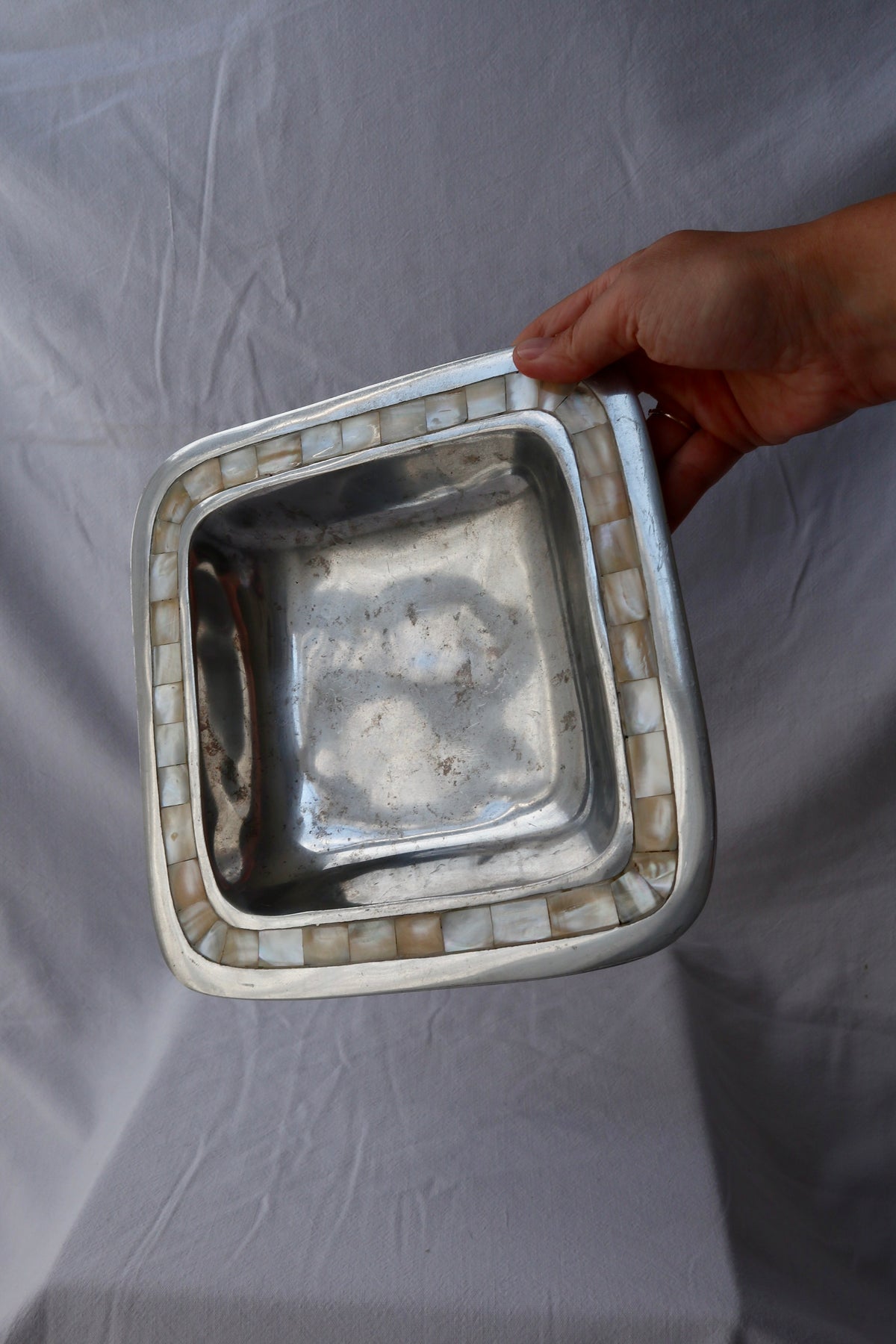 Silver-tone and capiz catch-all dish