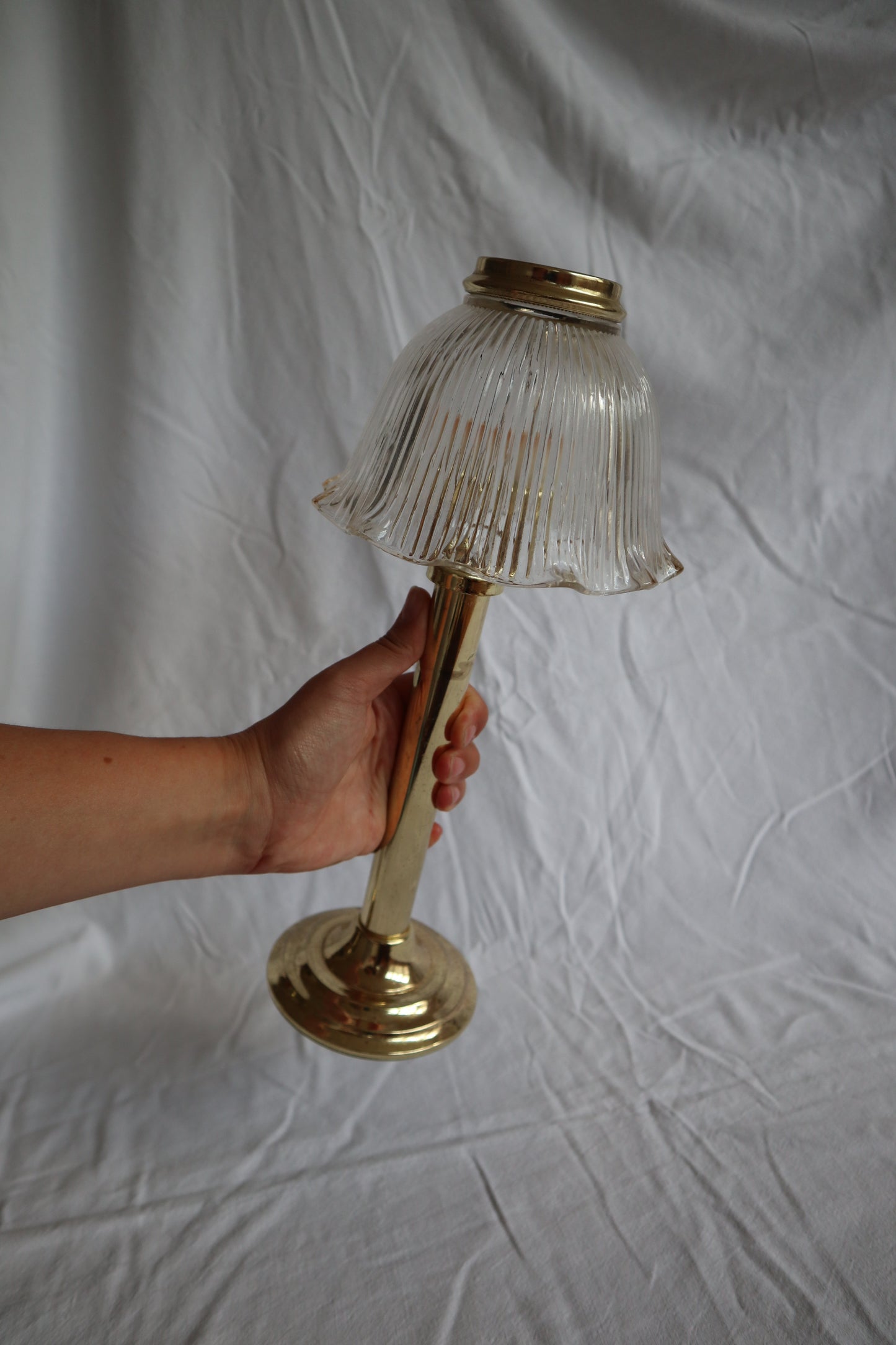 Pair of large brass-tone and ribbed glass vintage candle lamps