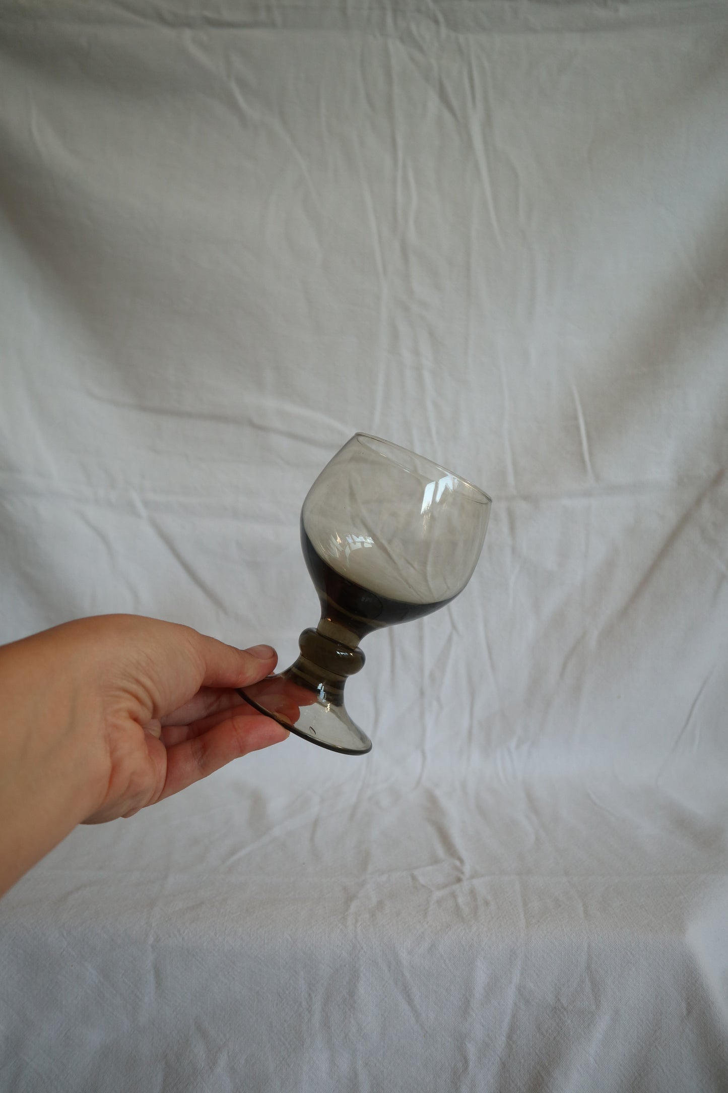 Set of 4 mid century smoked glass bobbin stem wine glasses