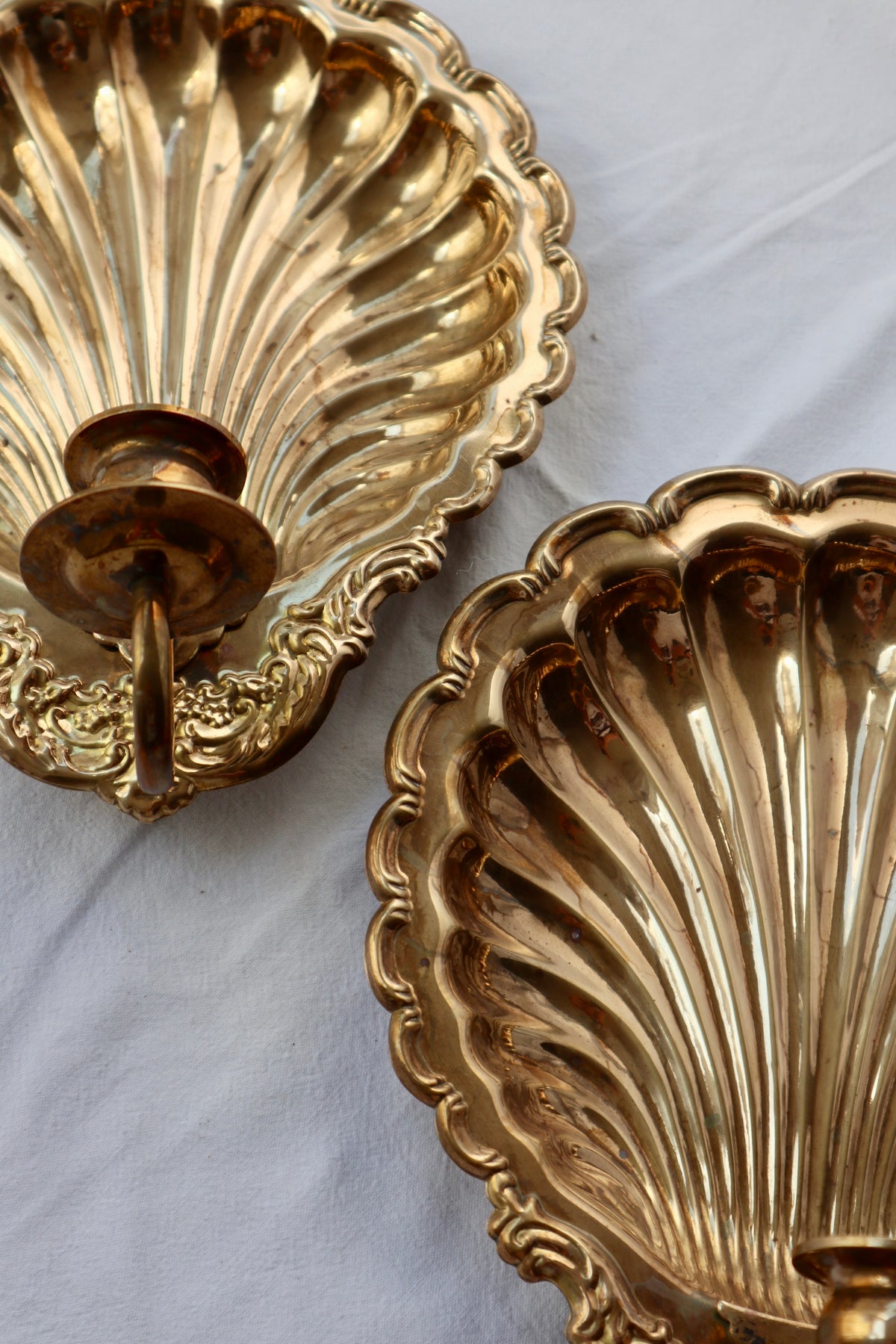 Pair of large antique solid brass scallop shell candle sconces
