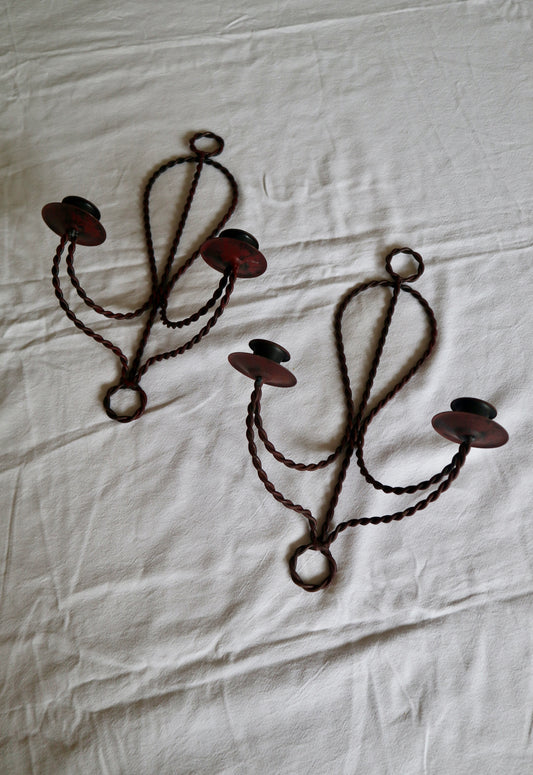 Pair of braided metal double candle sconces
