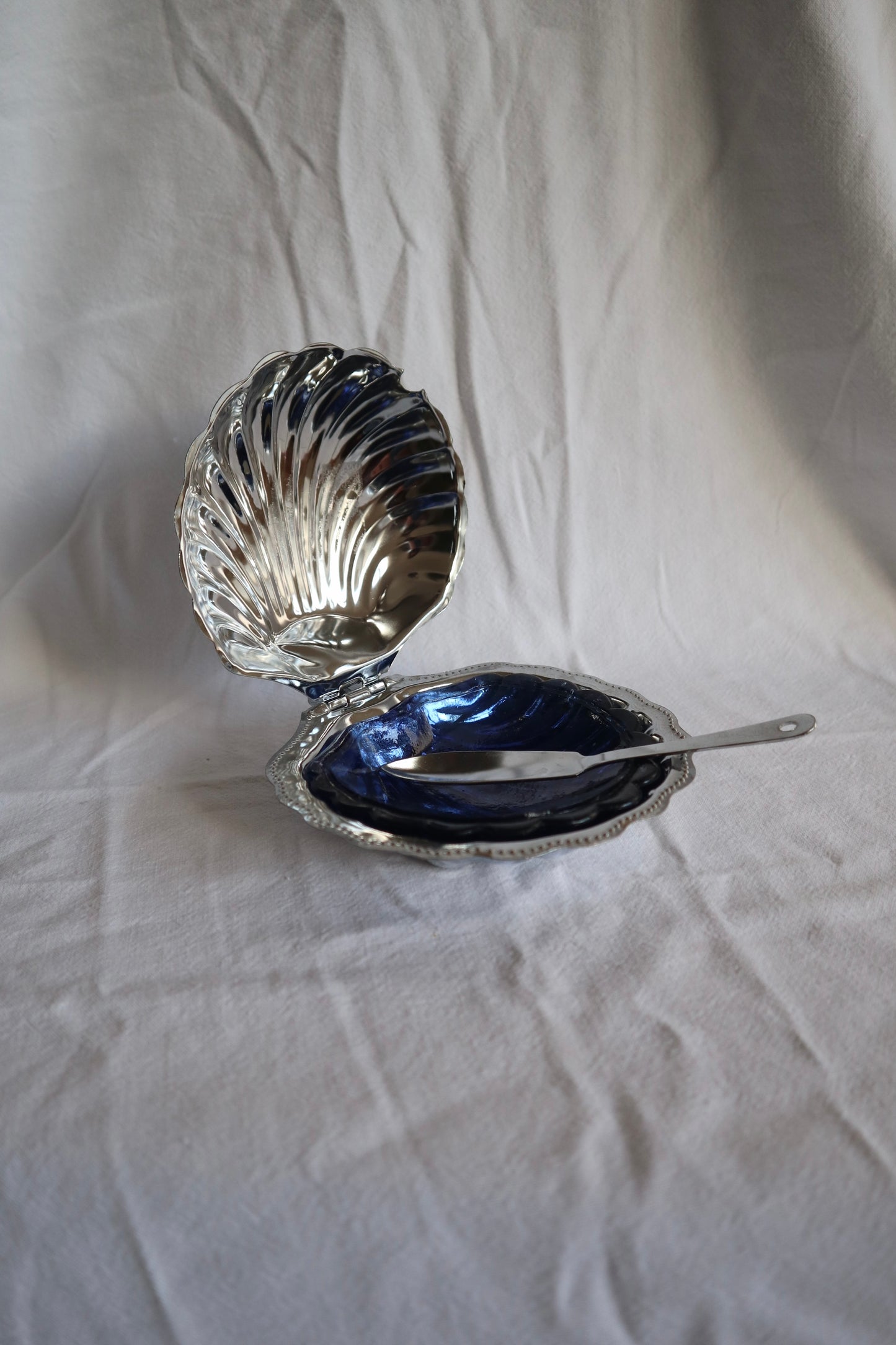 Silver tone and cobalt glass French vintage clamshell dish