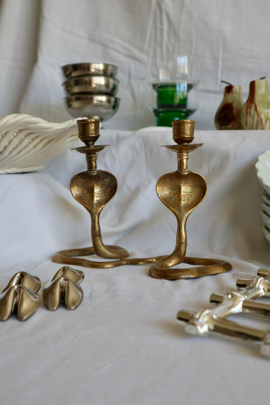 Pair of vintage brass snake candlesticks