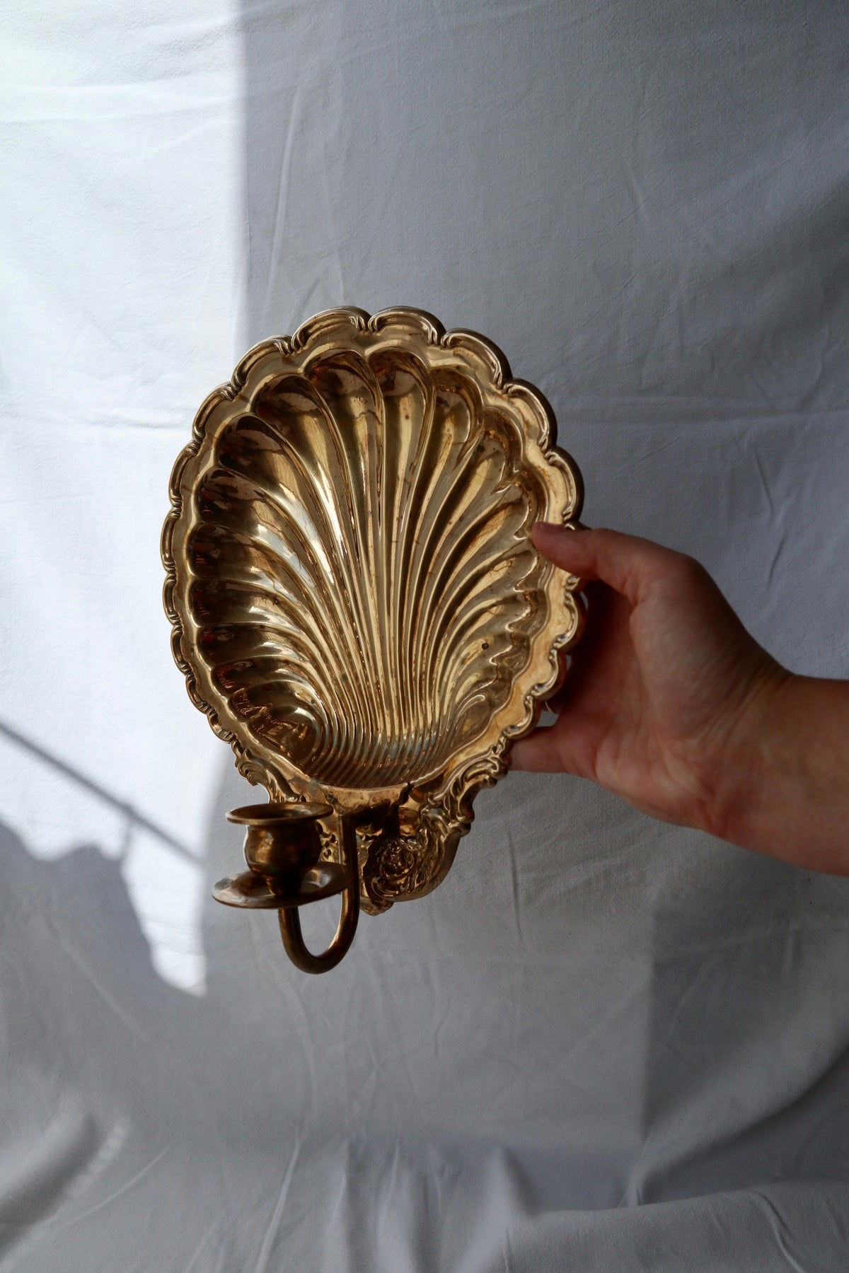 Pair of large antique solid brass scallop shell candle sconces