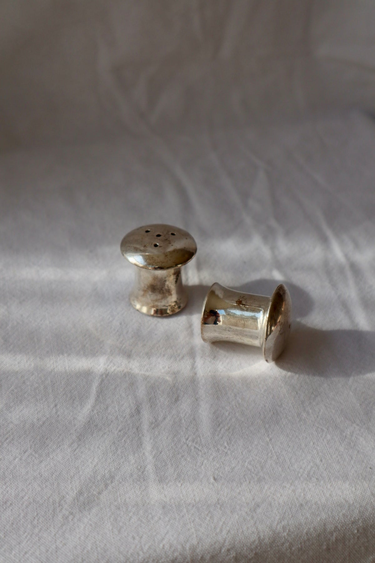 Miniature mushroom silver plated salt and pepper shakers