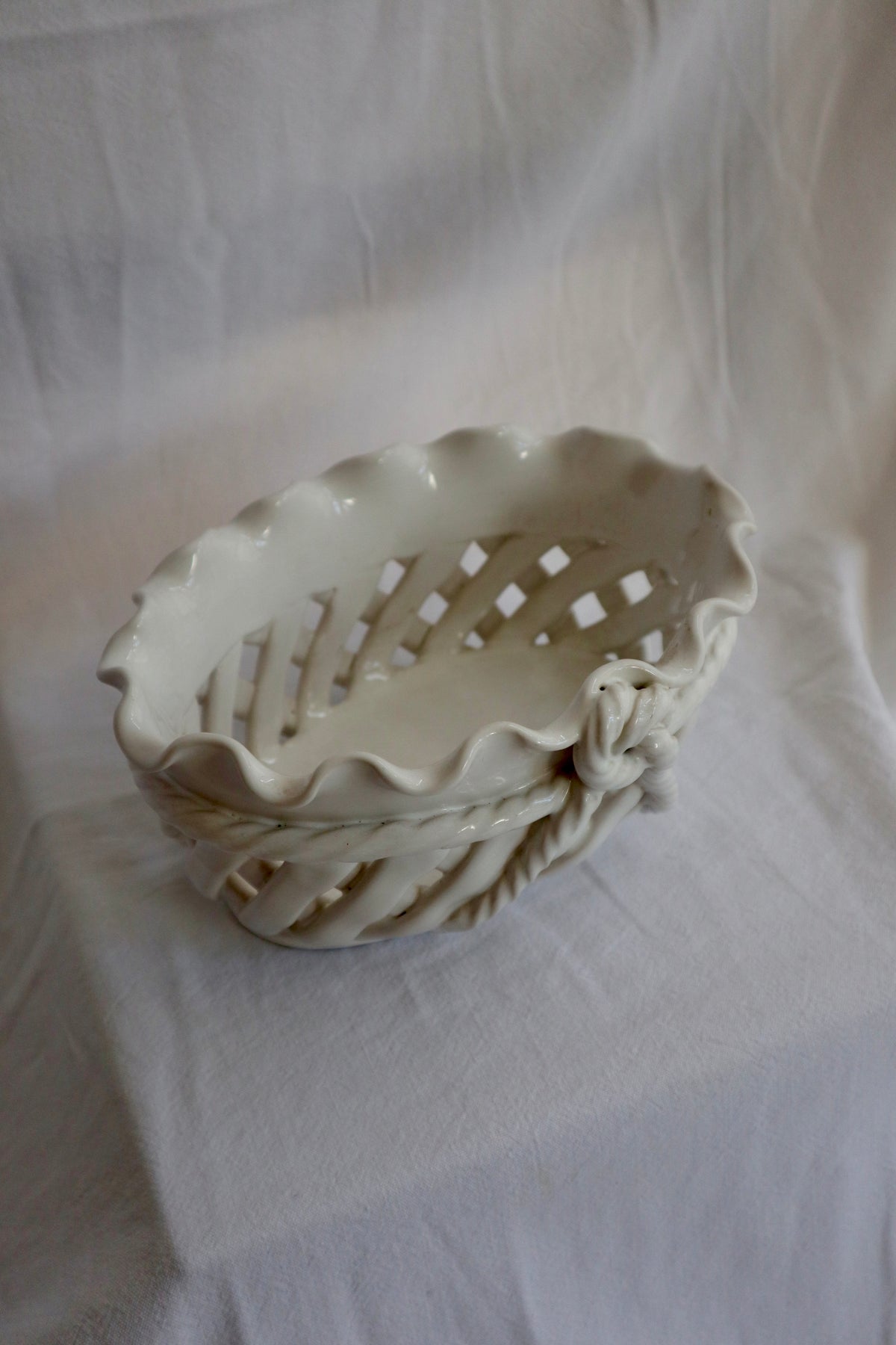 Vintage ceramic woven dish with scalloped rim