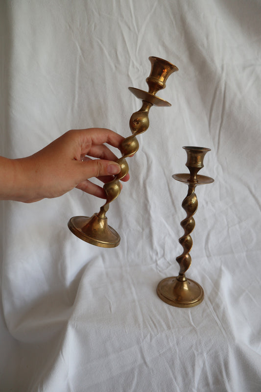 Pair of brass twisted candlestick holders
