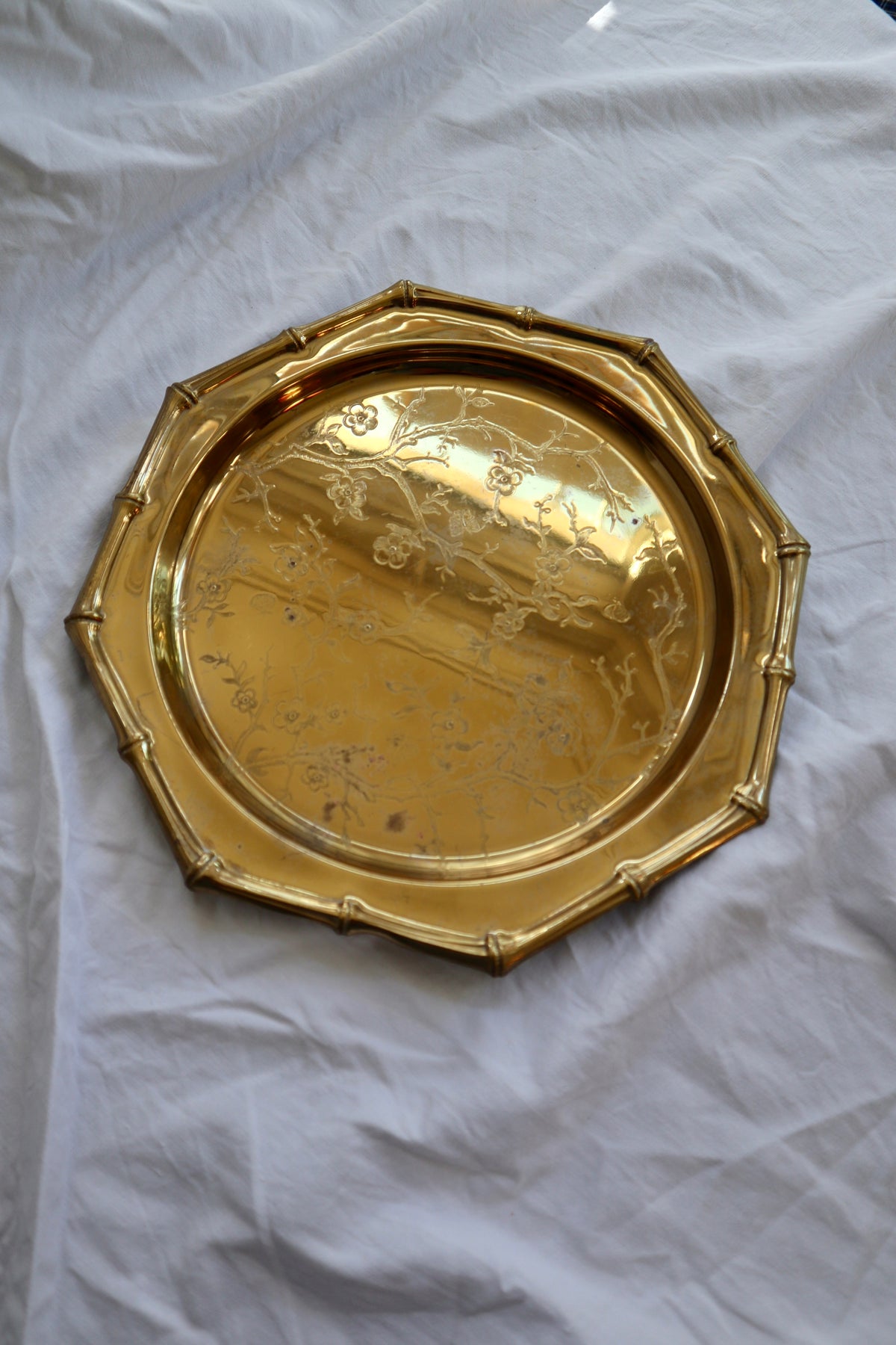 Brass tone platter with bamboo edge