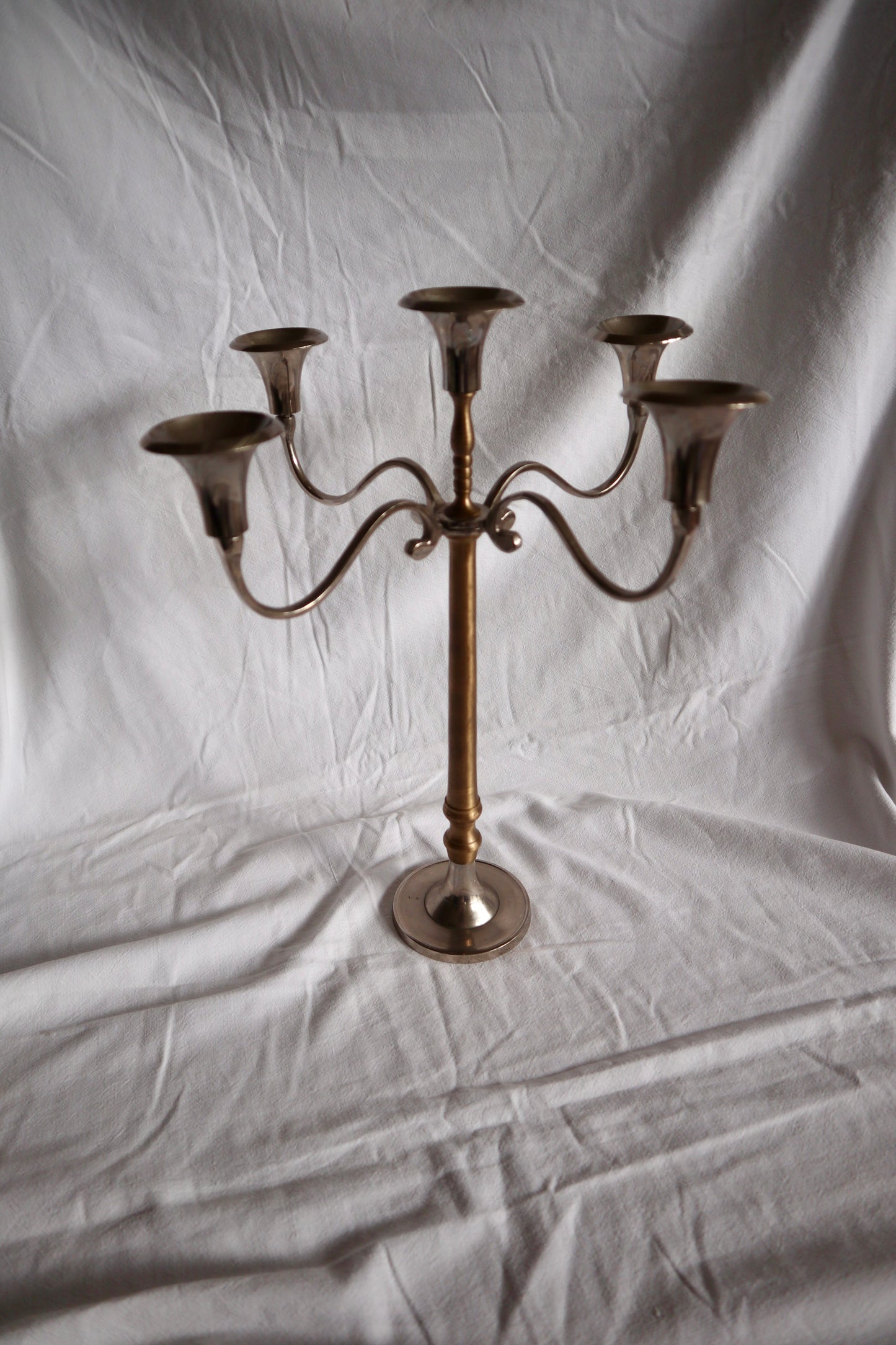 Mixed metal brass and nickel plated five-arm candelabra