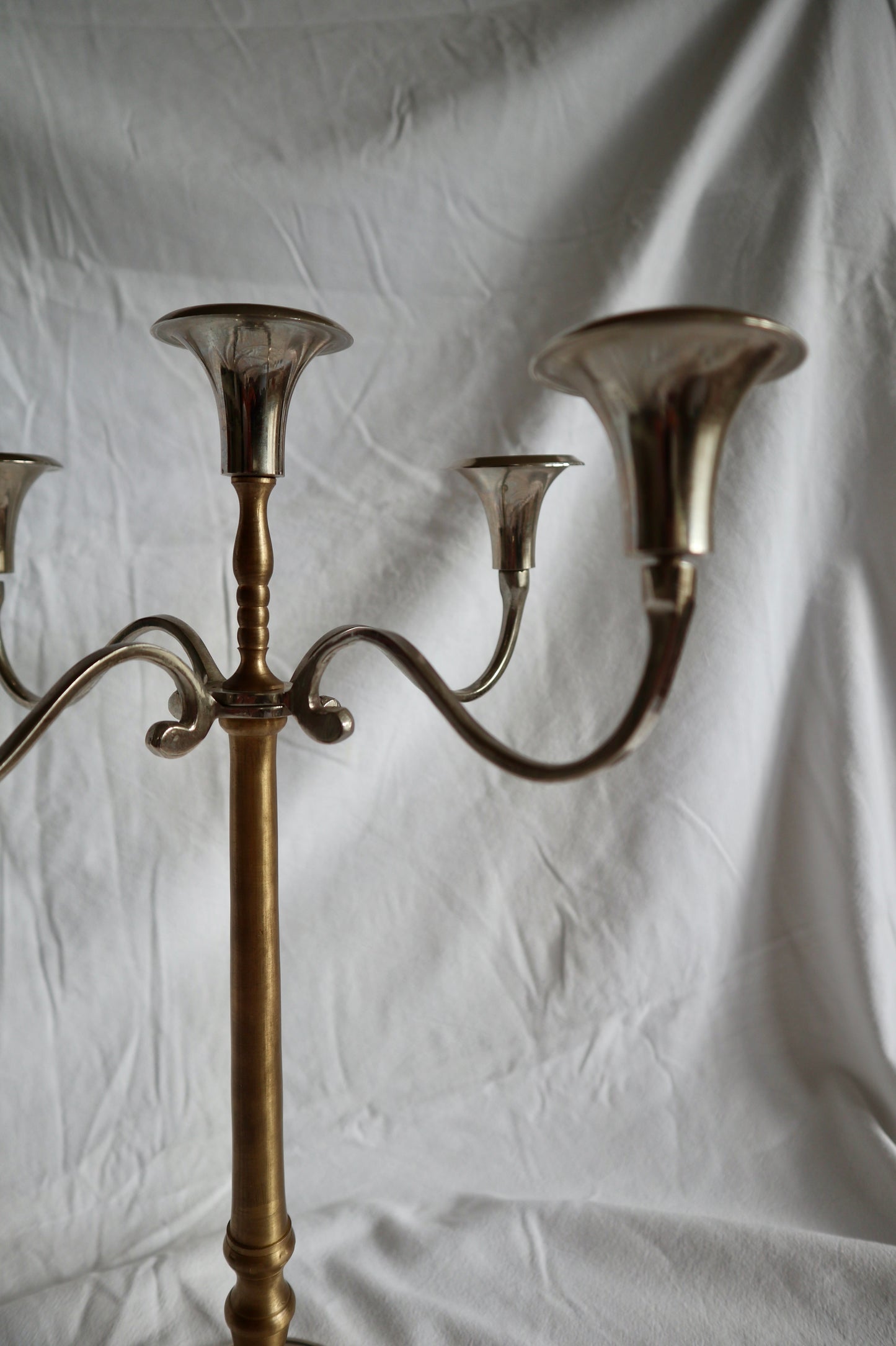 Mixed metal brass and nickel plated five-arm candelabra
