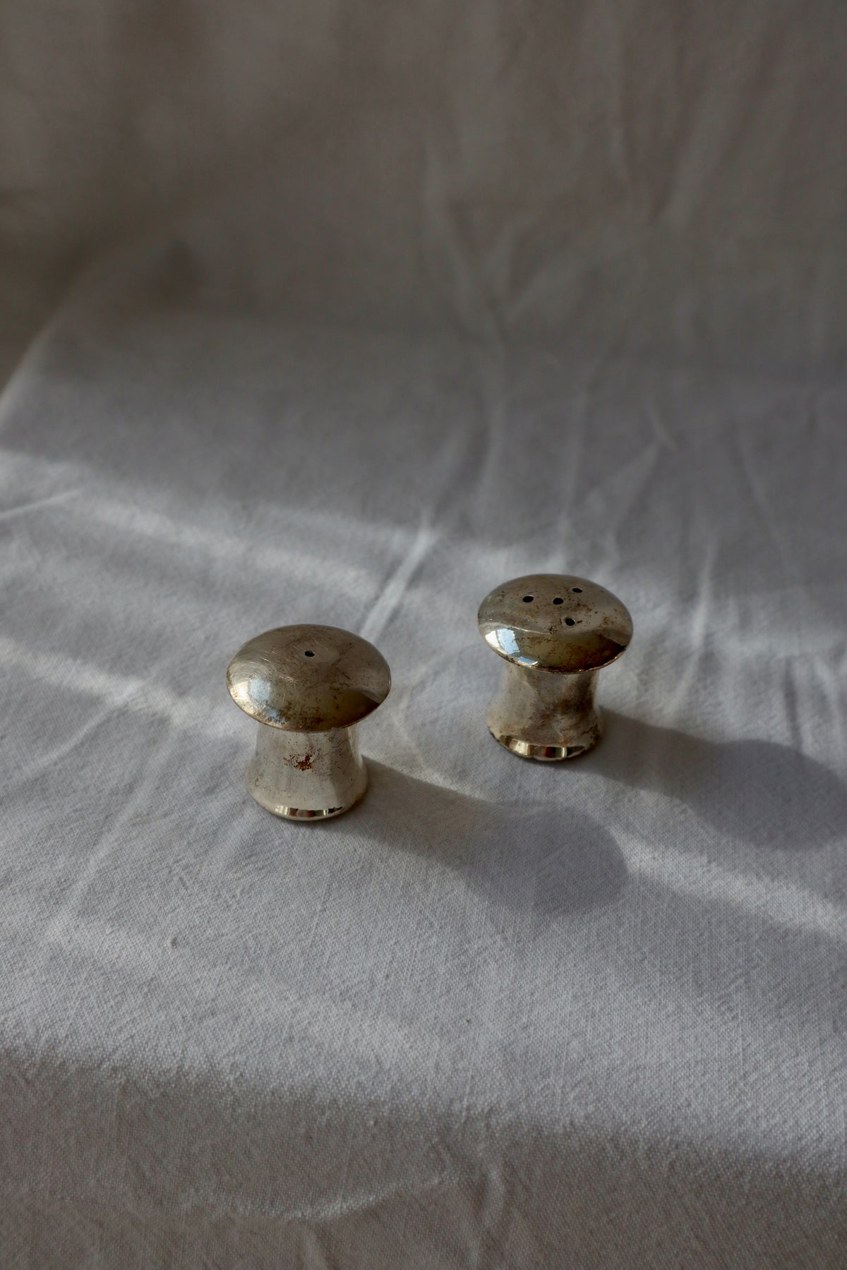 Miniature mushroom silver plated salt and pepper shakers
