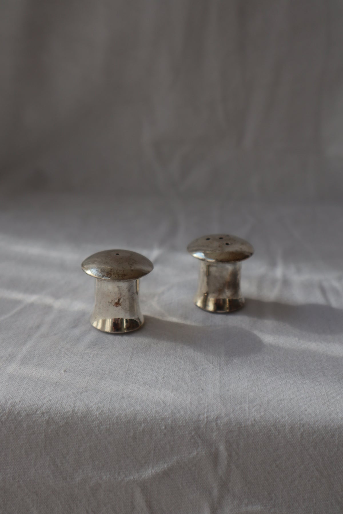 Miniature mushroom silver plated salt and pepper shakers