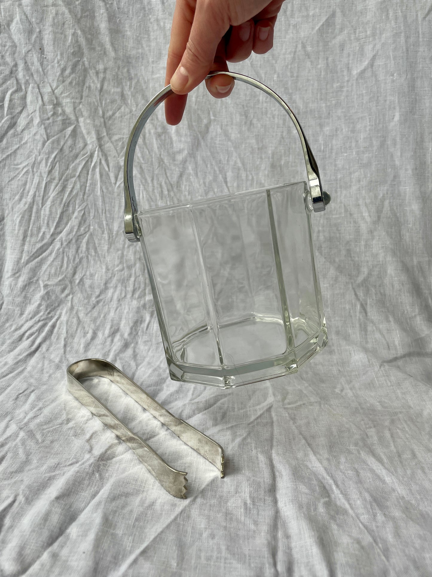 French vintage glass ice bucket and tongs