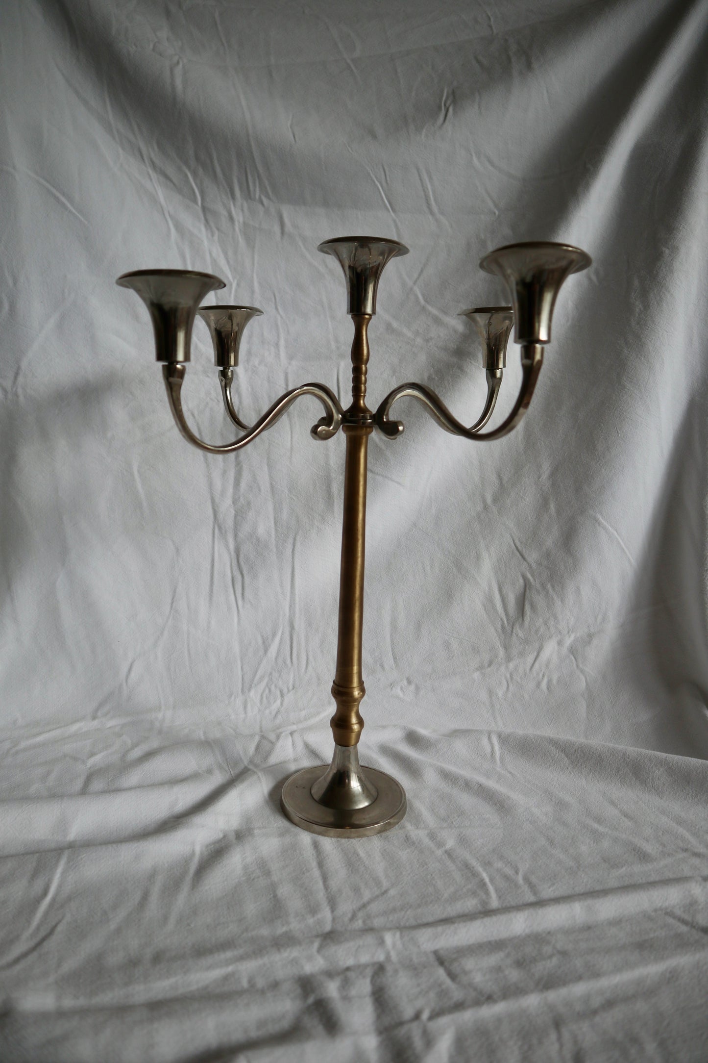 Mixed metal brass and nickel plated five-arm candelabra