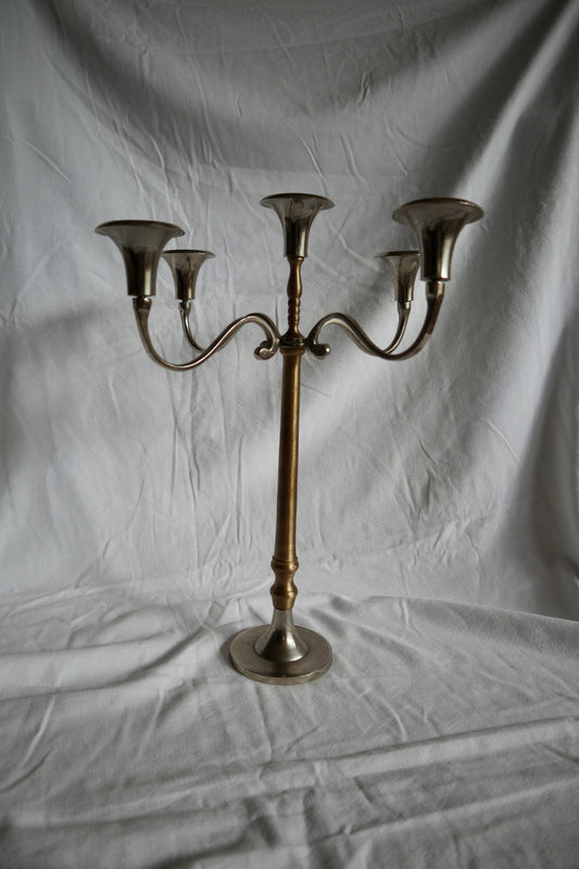 Mixed metal brass and nickel plated five-arm candelabra