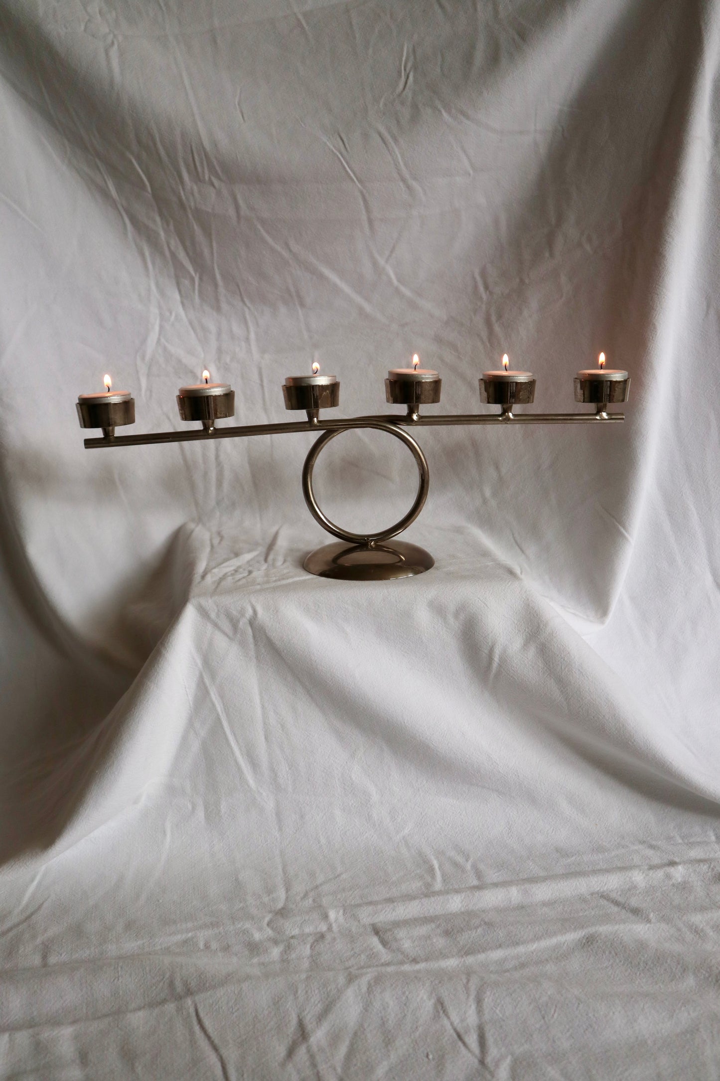 Modernist silver-tone tealight candelabra