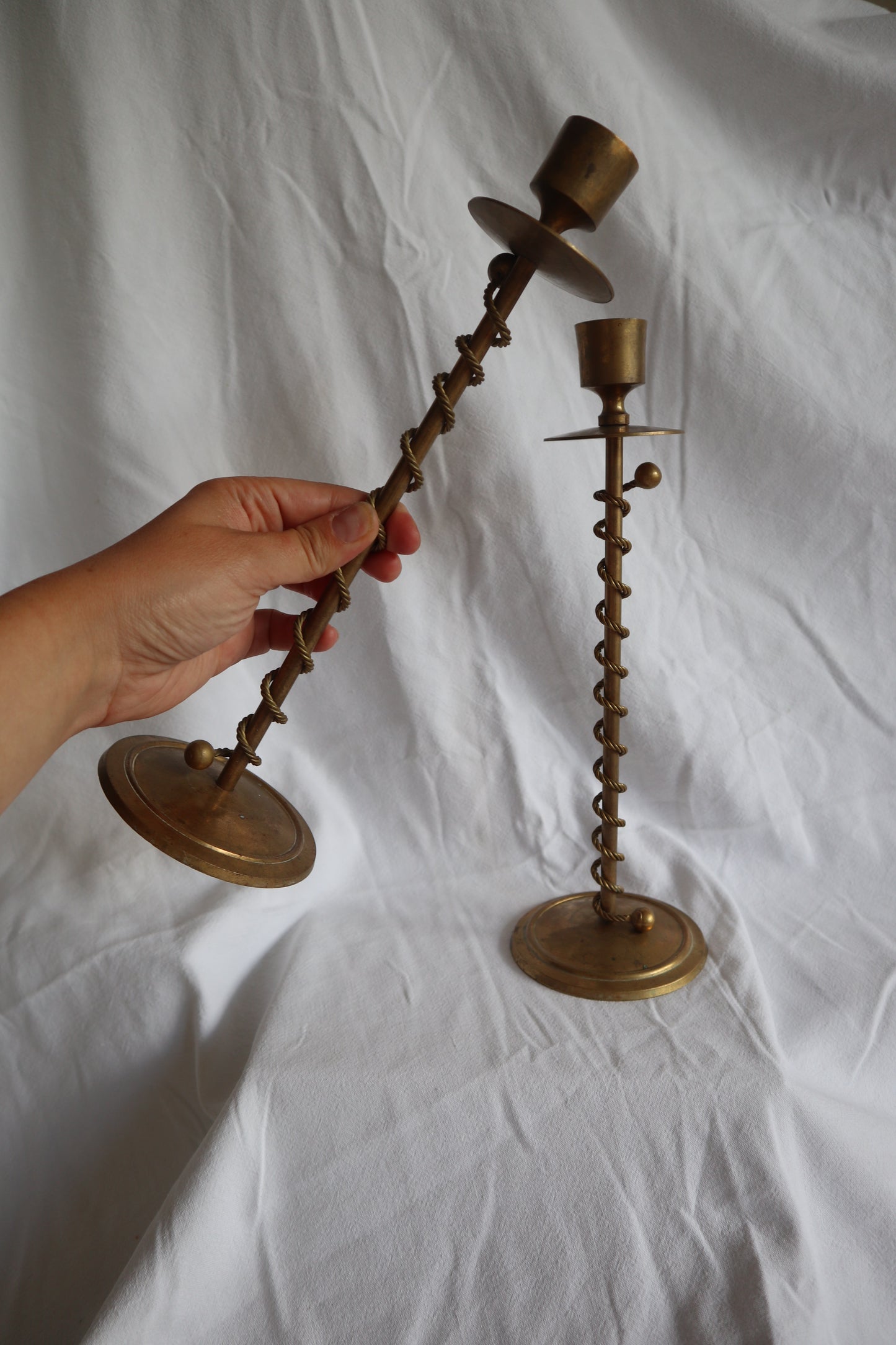 Braided, twisted sculptural brass candlesticks