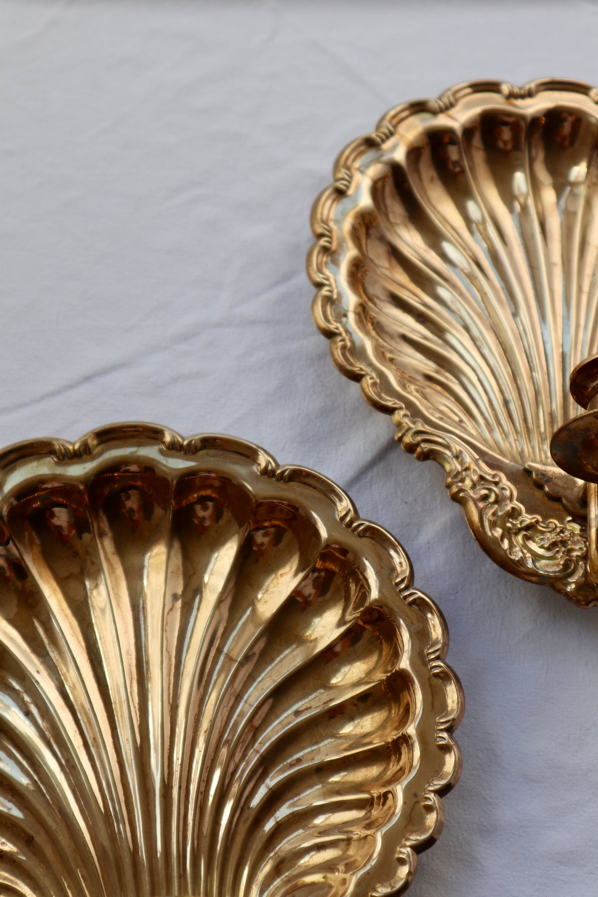 Pair of large antique solid brass scallop shell candle sconces