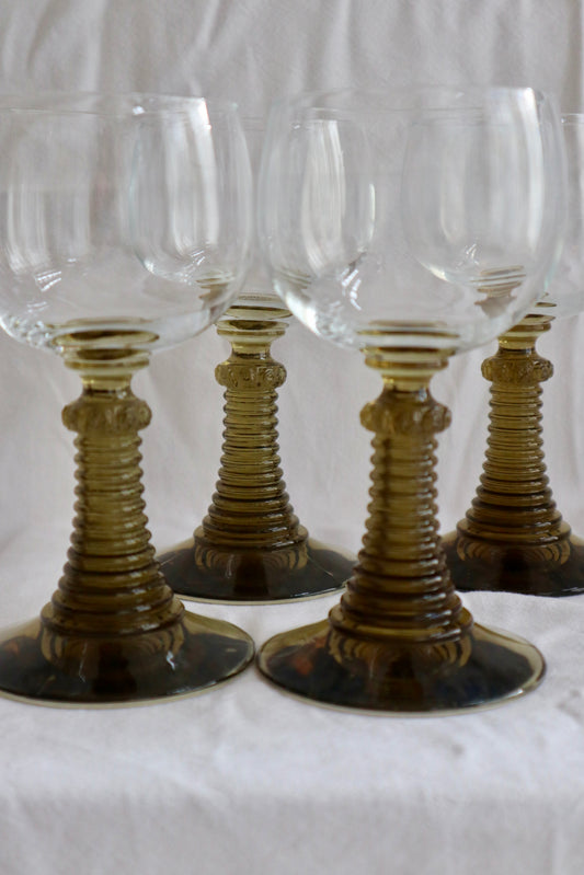 Set of four mid-century wine glasses with bobbin stems