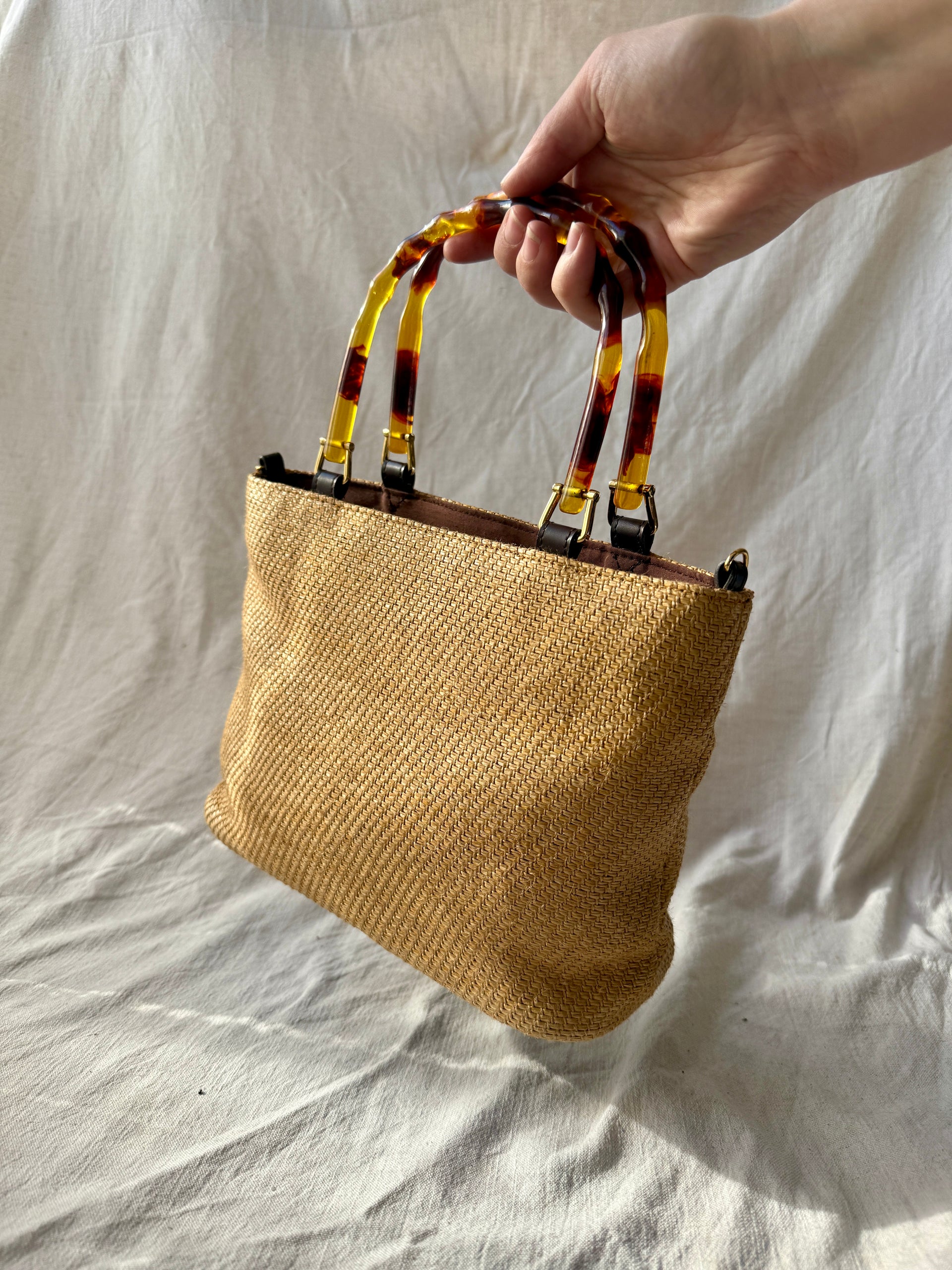 Tortoiseshell bamboo handle woven handbag – Keepers Finds