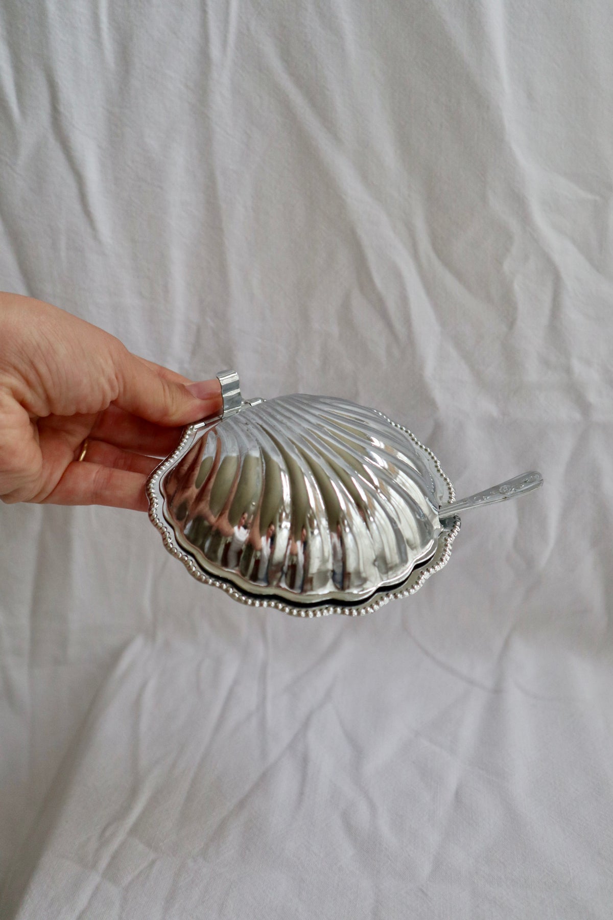 Silver tone and clear glass vintage clamshell dish