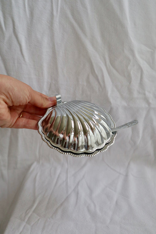 Silver tone and clear glass vintage clamshell dish