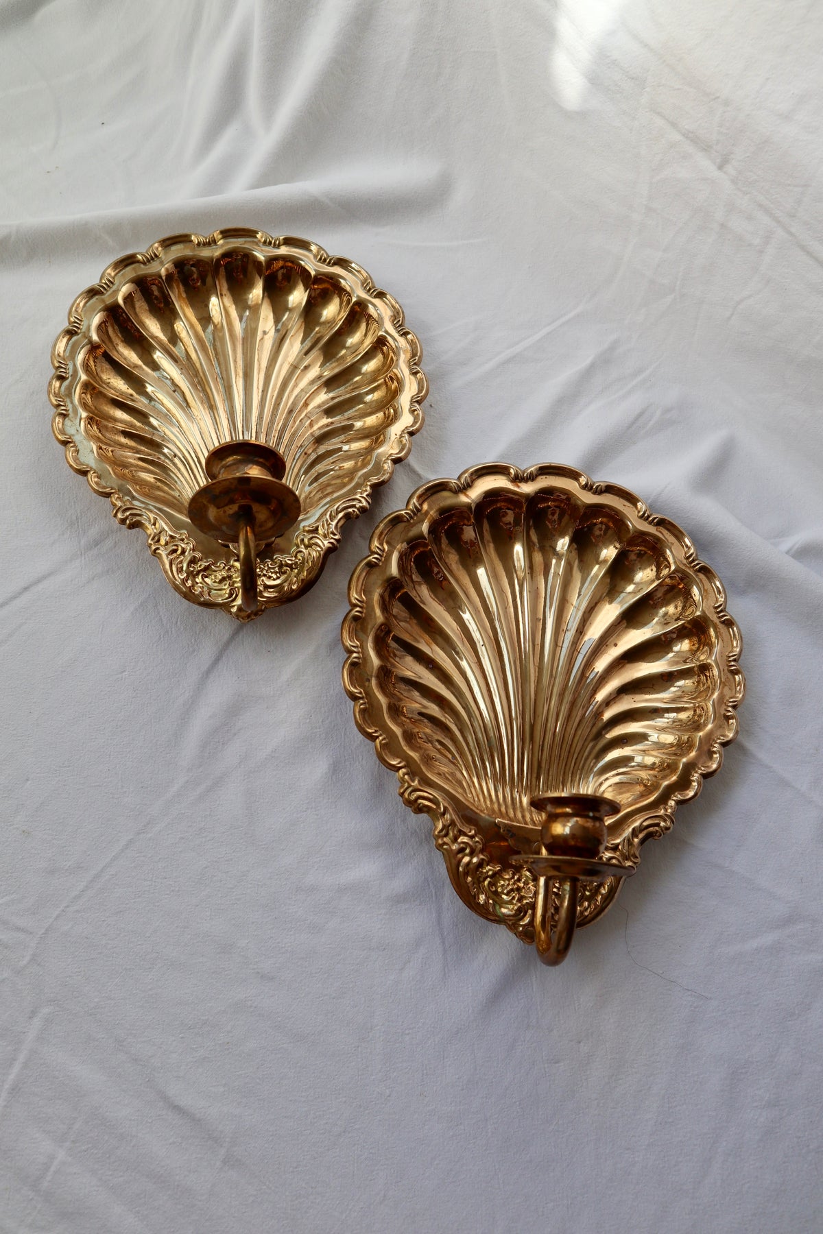 Pair of large antique solid brass scallop shell candle sconces