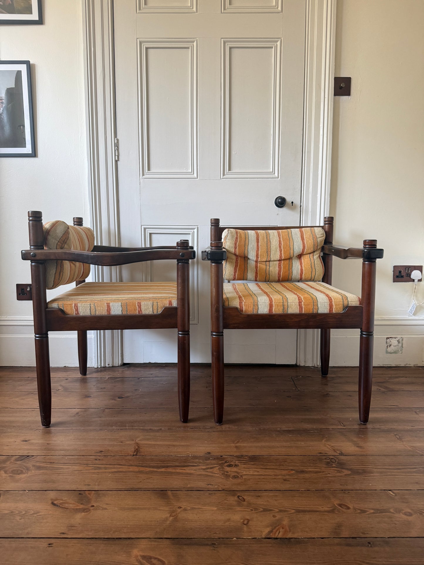 Set of 4 mid century turned wood carver chairs