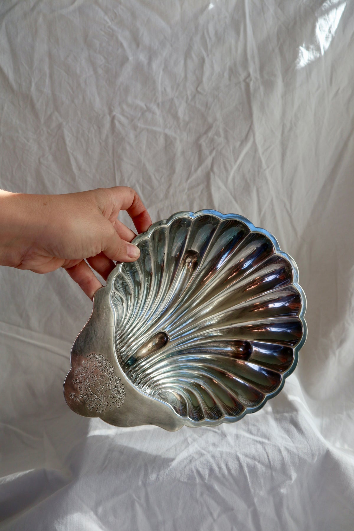 Silver plated shell bowl with engraved crest