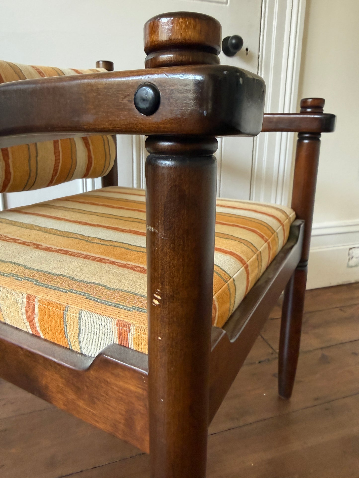 Set of 4 mid century turned wood carver chairs