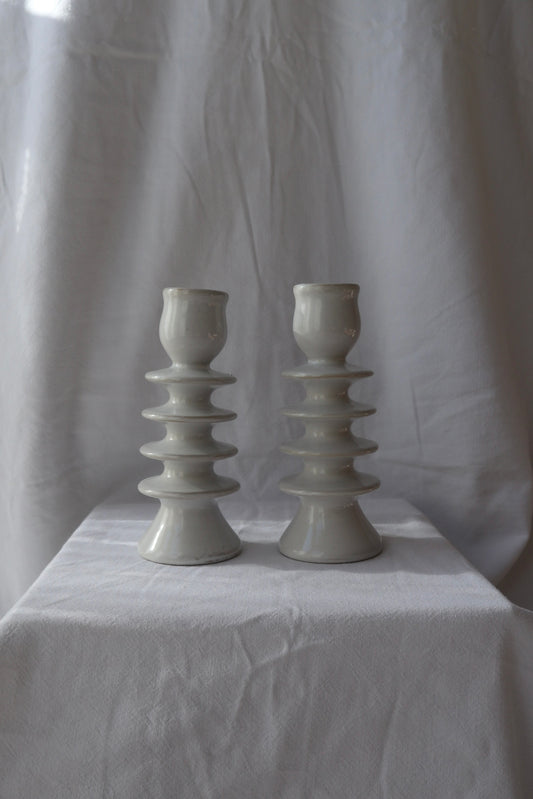 Pair of white ceramic hooped candleholders