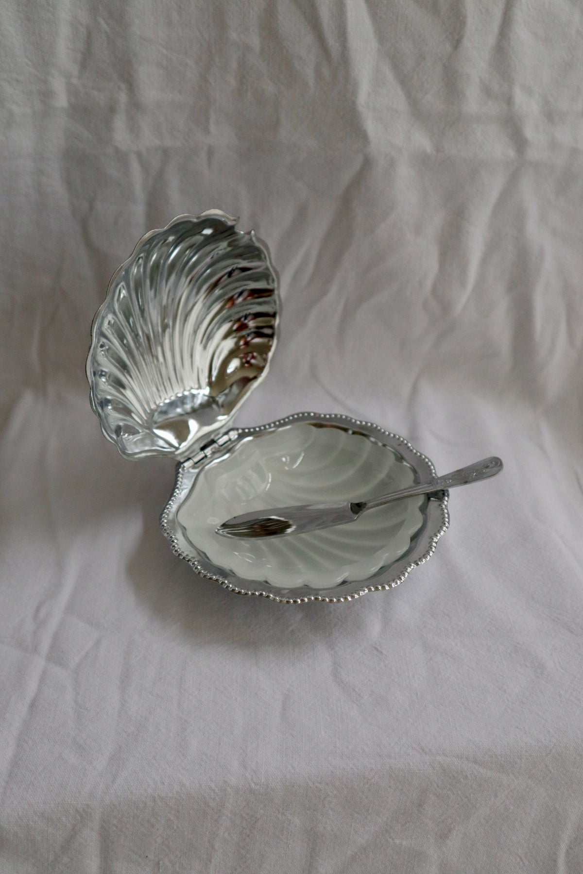 Silver tone and clear glass vintage clamshell dish
