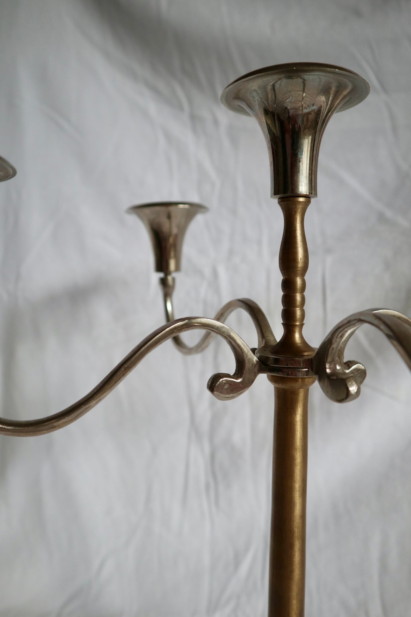 Mixed metal brass and nickel plated five-arm candelabra