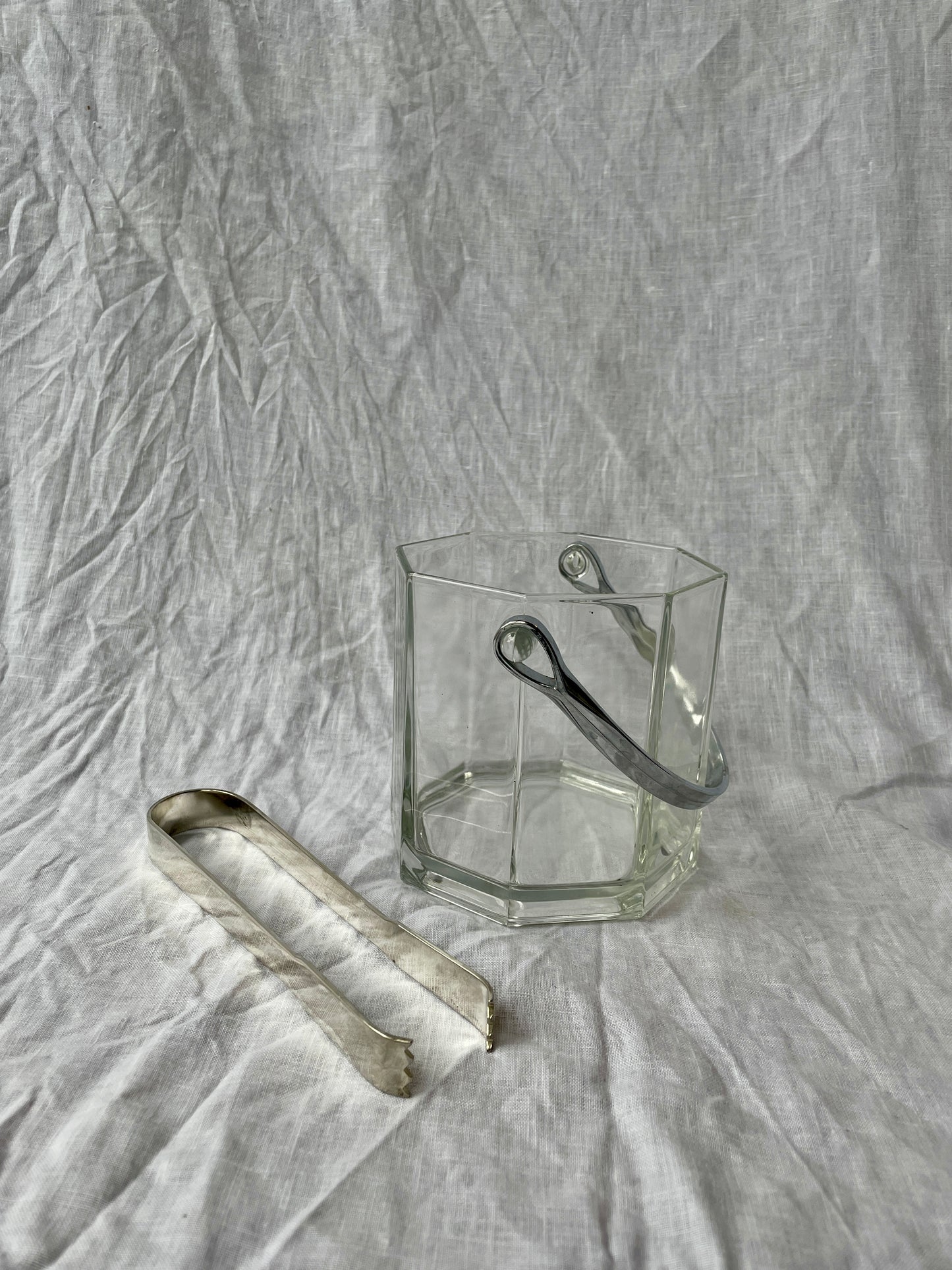 French vintage glass ice bucket and tongs