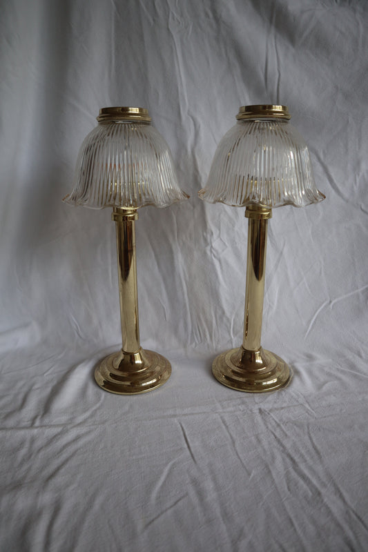 Pair of large brass-tone and ribbed glass vintage candle lamps