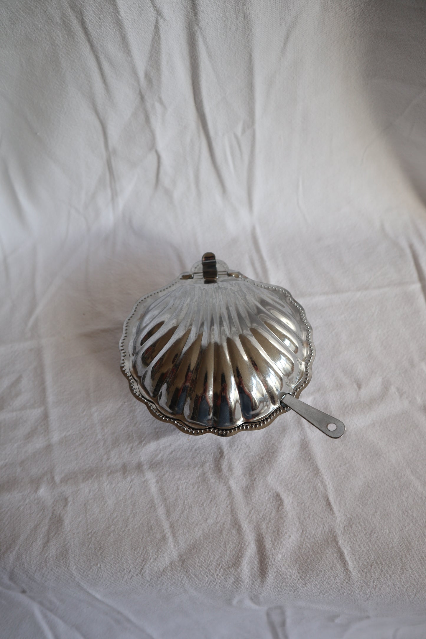 Silver tone and cobalt glass French vintage clamshell dish