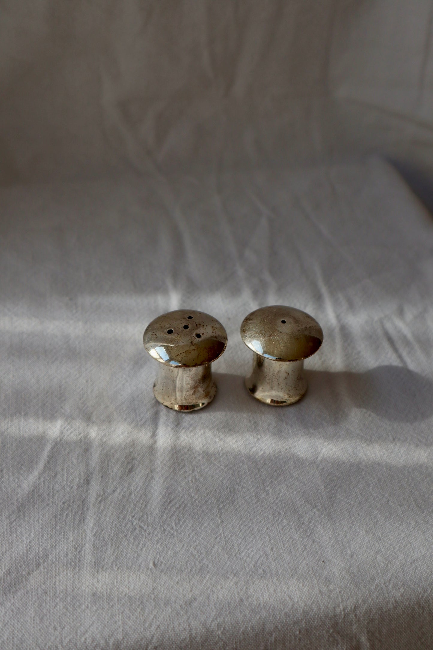 Miniature mushroom silver plated salt and pepper shakers