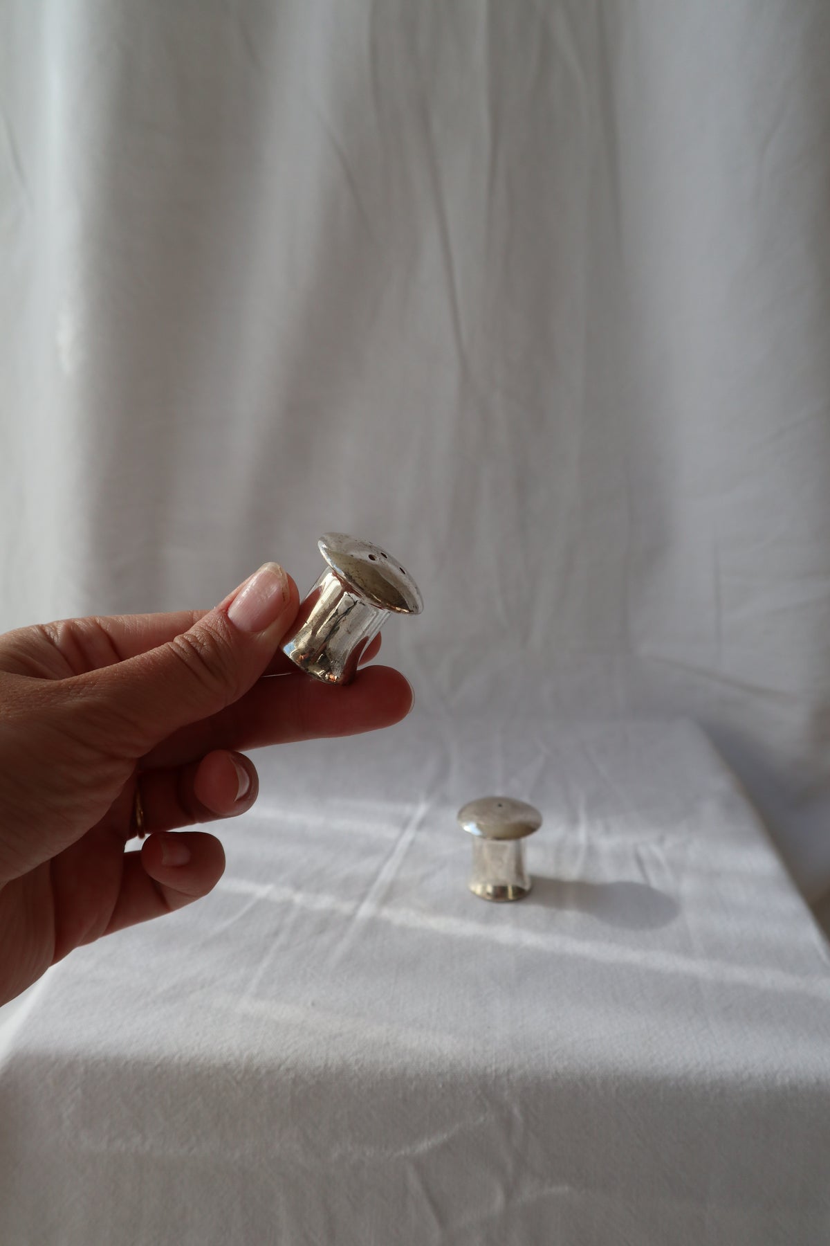 Miniature mushroom silver plated salt and pepper shakers