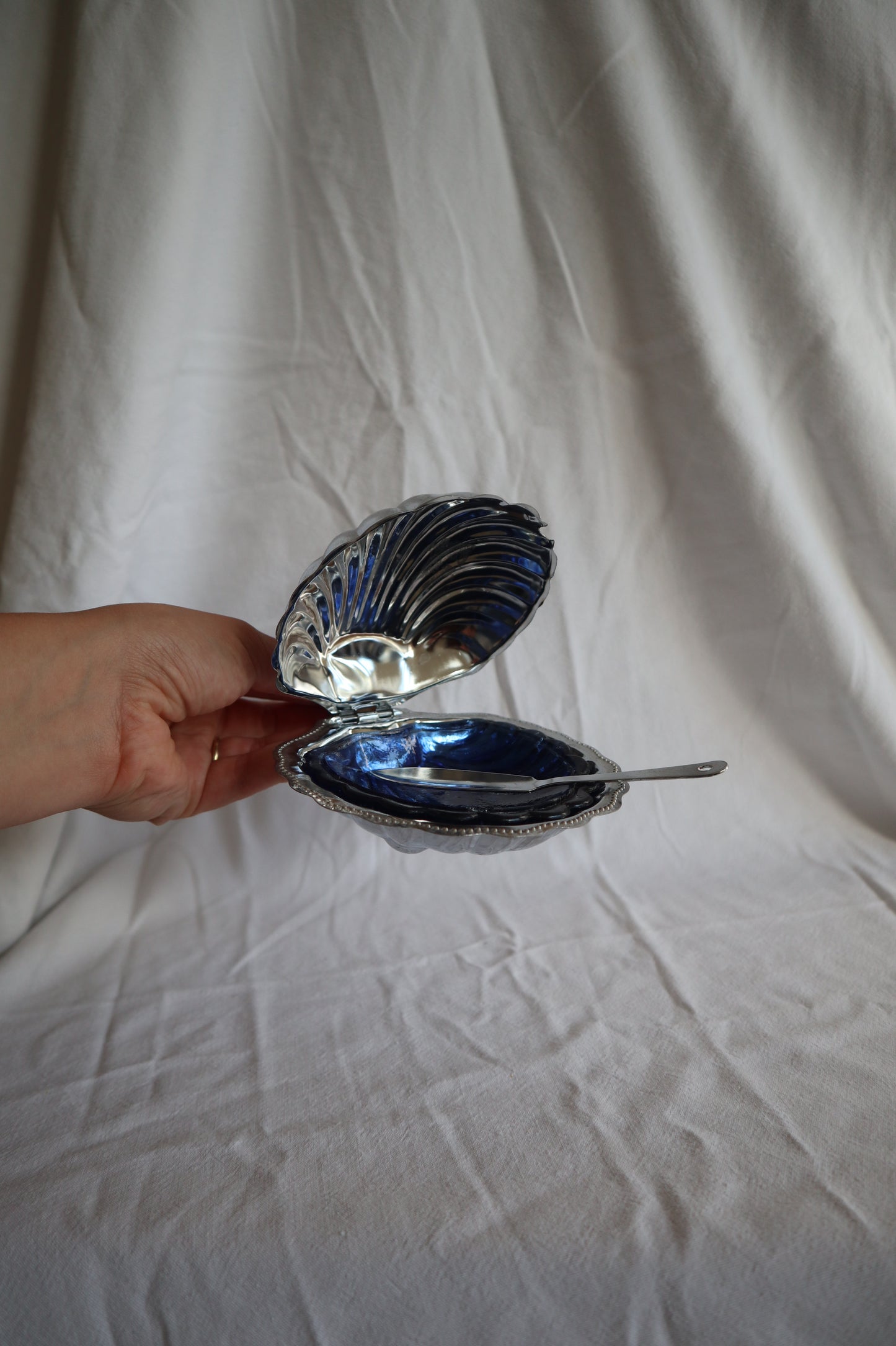 Silver tone and cobalt glass French vintage clamshell dish