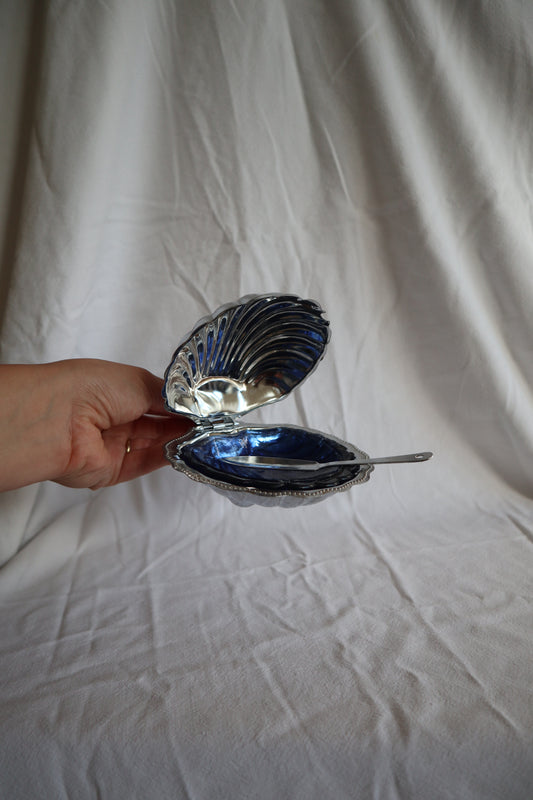 Silver tone and cobalt glass French vintage clamshell dish