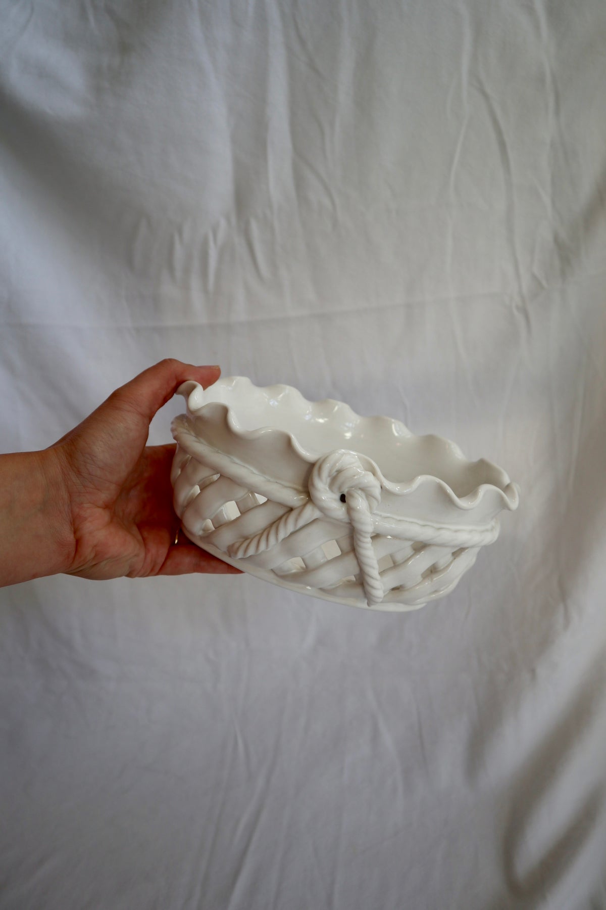 Vintage ceramic woven dish with scalloped rim