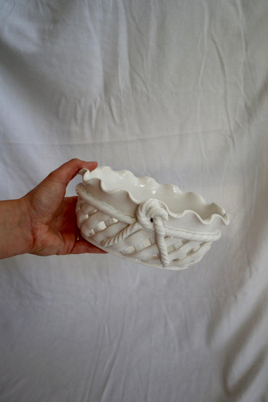 Vintage ceramic woven dish with scalloped rim