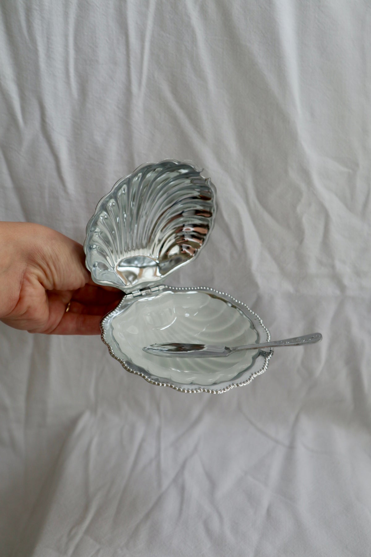 Silver tone and clear glass vintage clamshell dish