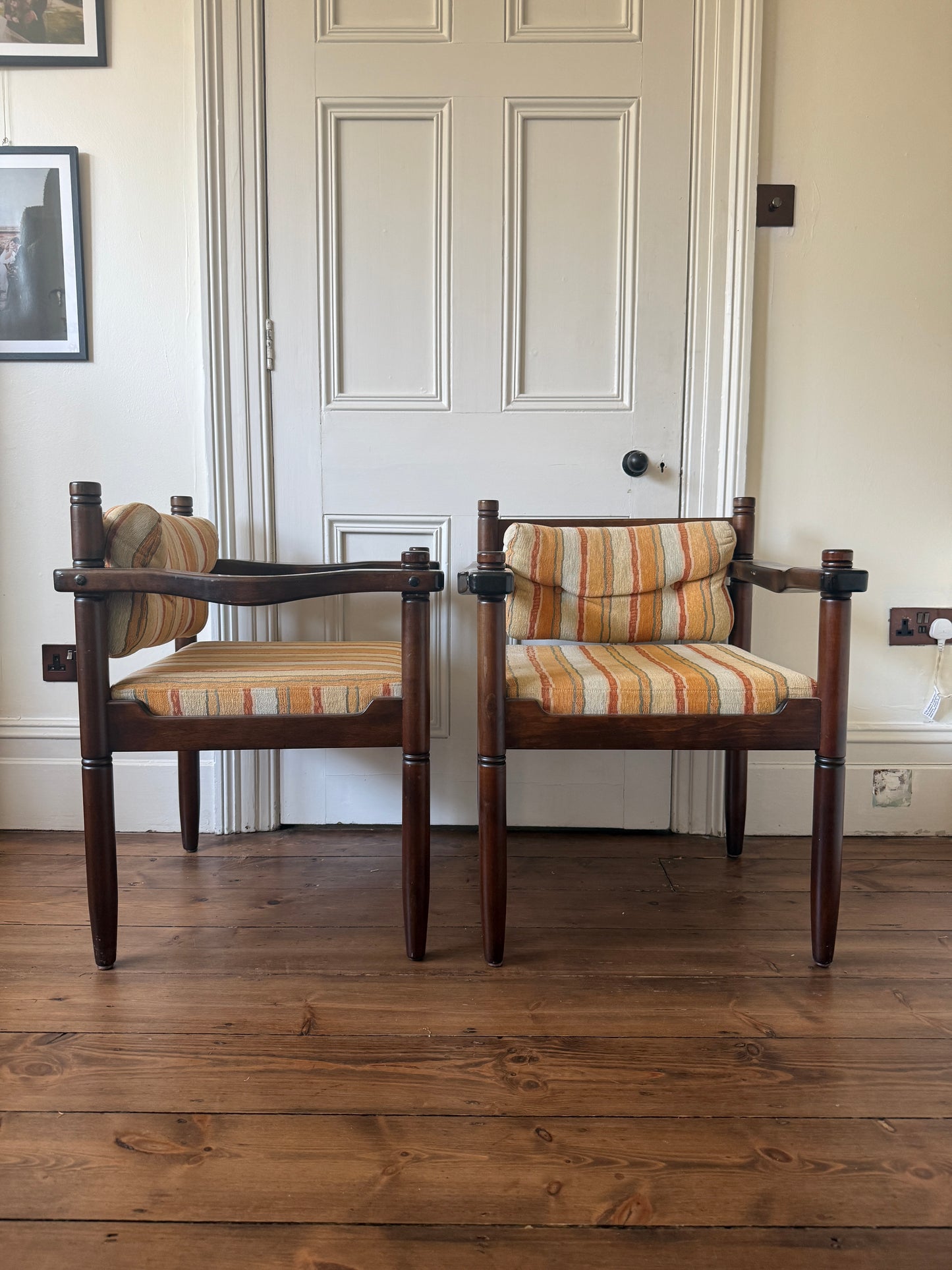 Set of 4 mid century turned wood carver chairs