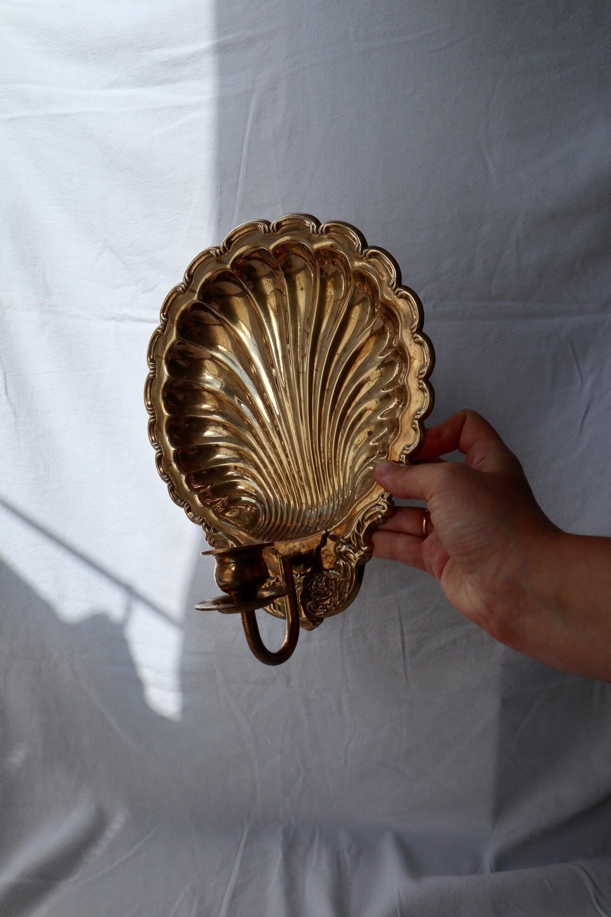 Pair of large antique solid brass scallop shell candle sconces