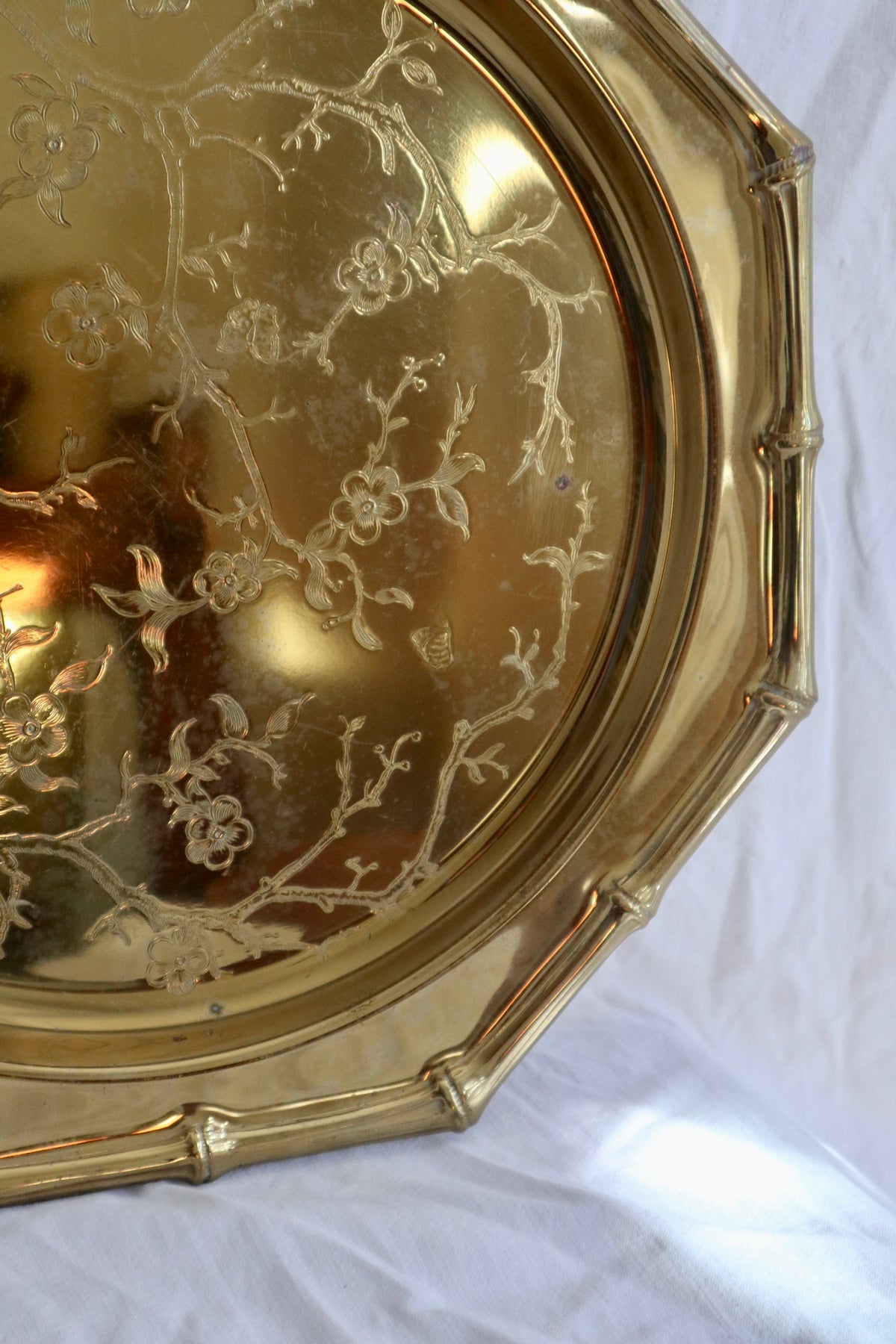 Brass tone platter with bamboo edge