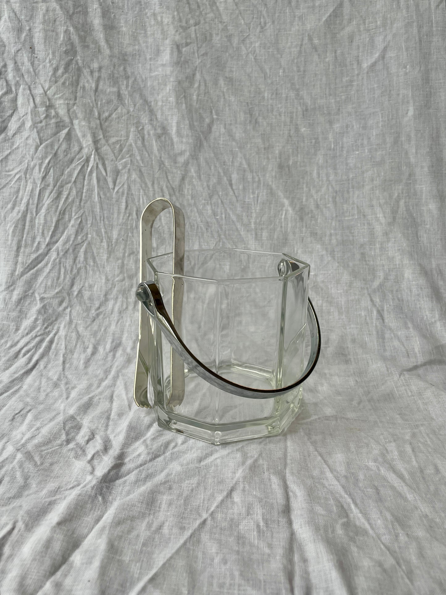 French vintage glass ice bucket and tongs