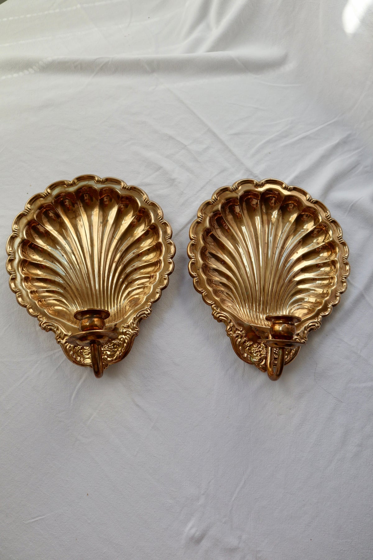 Pair of large antique solid brass scallop shell candle sconces